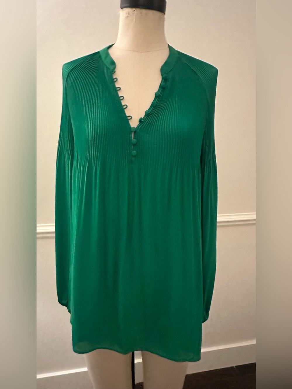Ralph Lauren Black Label Emerald Green Pleated Yoke Button-Front Blouse